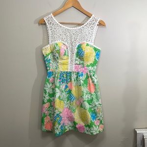 Lilly Pulitzer Green Floral Lace Yoke Sundress with Pink Yellow Blue Accents
